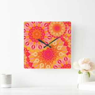 Overlappende Mandala Oranje Roze Geel Vierkante Klok