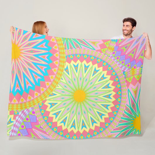 Overlappende Mandala Roze Blauw Geel Mint Paars Fleece Deken (In situ)