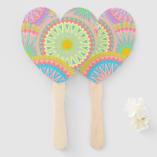 Overlappende Mandala Roze Blauw Geel Mint Paars Handwaaier (Voorkant en achterkant)
