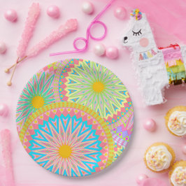 Overlappende Mandala Roze Blauw Geel Mint Paars Papieren Bordje