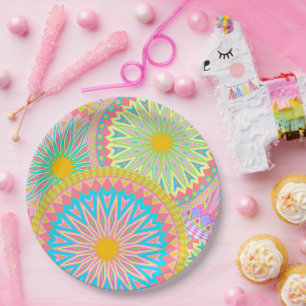 Overlappende Mandala Roze Blauw Geel Mint Paars Papieren Bordje