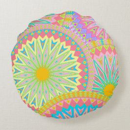Overlappende Mandala Roze Blauw Geel Mint Paars Rond Kussen