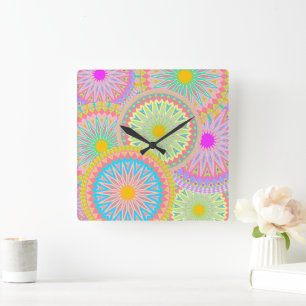Overlappende Mandala Roze Blauw Geel Mint Paars Vierkante Klok