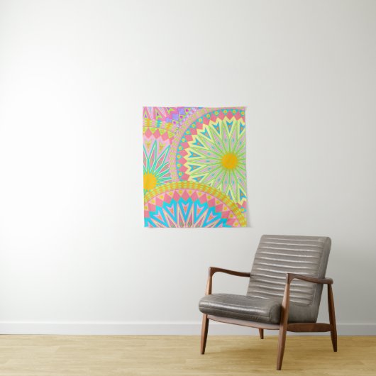 Overlappende Mandala Roze Blauw Geel Mint Paars Wandkleed (In situ)
