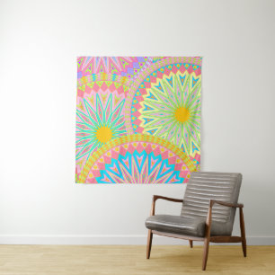 Overlappende Mandala Roze Blauw Geel Mint Paars Wandkleed