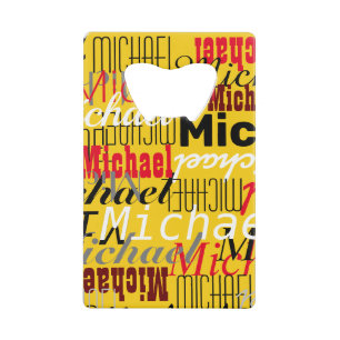 Overlappende namen all-over geel creditkaart flessenopener