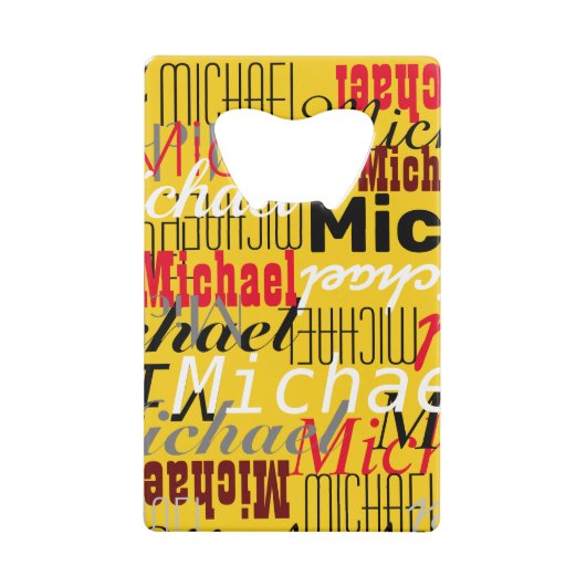 Overlappende namen all-over geel creditkaart flessenopener (Achterkant)