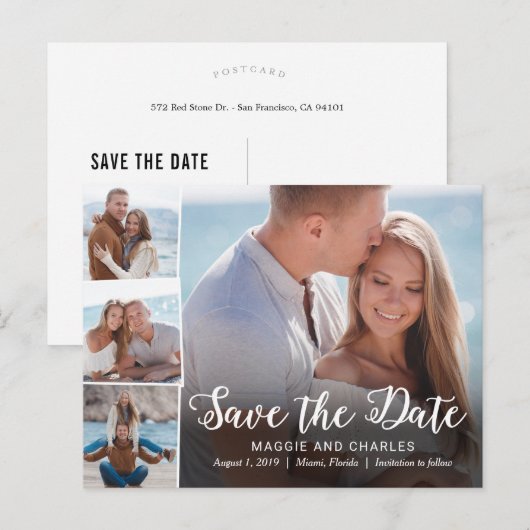 Overlapping foto's bruiloft Save the Date Briefkaa Aankondigingskaart (Voorkant / Achterkant)