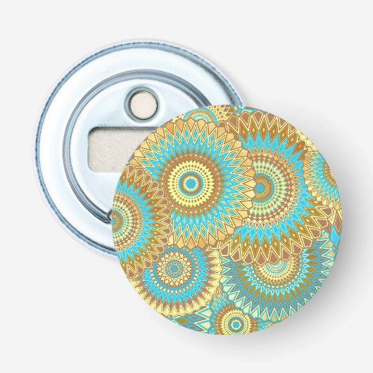 Overlapping Mandala Blauw Bruin Goud Button Flesopener (Voorkant)