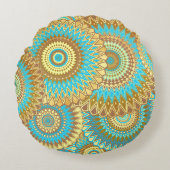 Overlapping Mandala Blauw Bruin Goud Rond Kussen (Voorkant)
