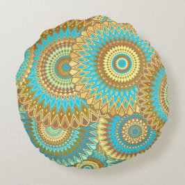 Overlapping Mandala Blauw Bruin Goud Rond Kussen