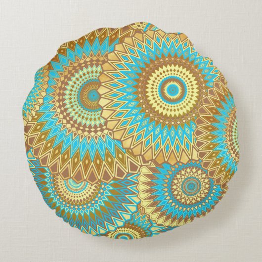 Overlapping Mandala Blauw Bruin Goud Rond Kussen (Achterkant)