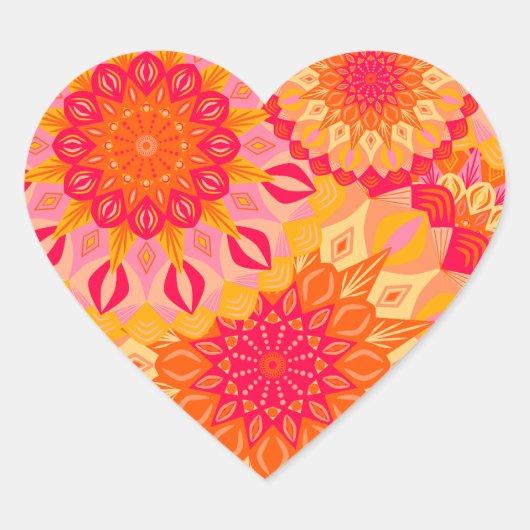 Overlapping Mandala Oranje Roze Geel Hart Sticker (Voorkant)