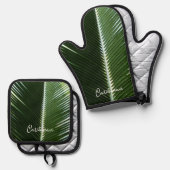 Overlapping Palm Fronds Tropical Green Abstract Ovenwant & Pannenlap Set (Voorkant / Achterkant)