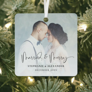 Overlay foto's van huwelijksnamen en Merry Names Metalen Ornament