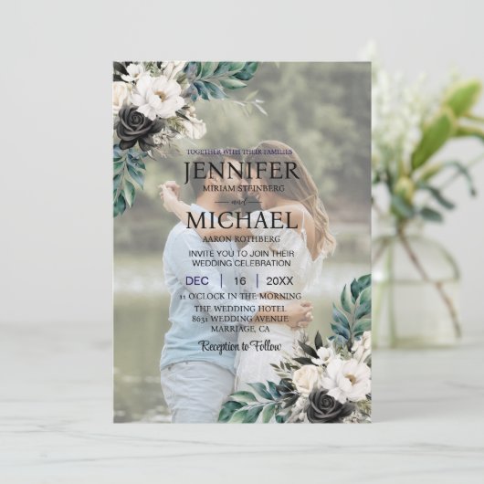 Overlay Portret Afbeelding Foto QR B & W bruiloft Kaart (Staand voorkant)