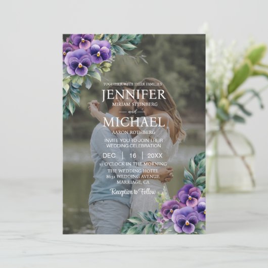 Overlay Portret Afbeelding Foto QR Pansies bruilof Kaart (Staand voorkant)