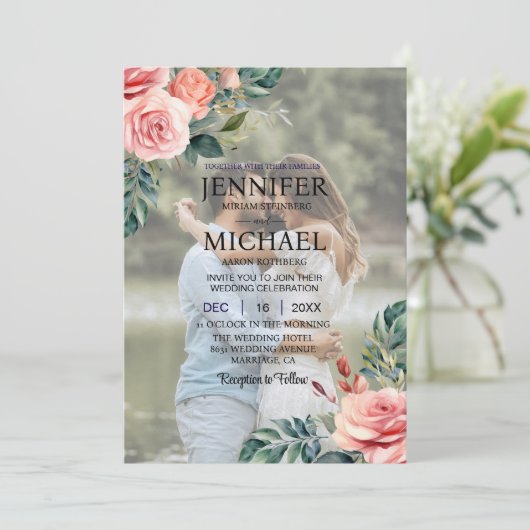 Overlay Portret Afbeelding Foto QR Rozen bruiloft Kaart (Staand voorkant)
