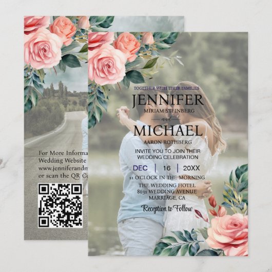 Overlay Portret Afbeelding Foto QR Rozen bruiloft Kaart (Voorkant / Achterkant)