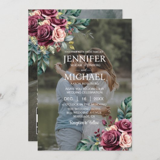 Overlay Portret Afbeelding Foto QR Rozen bruiloft Kaart (Voorkant / Achterkant)