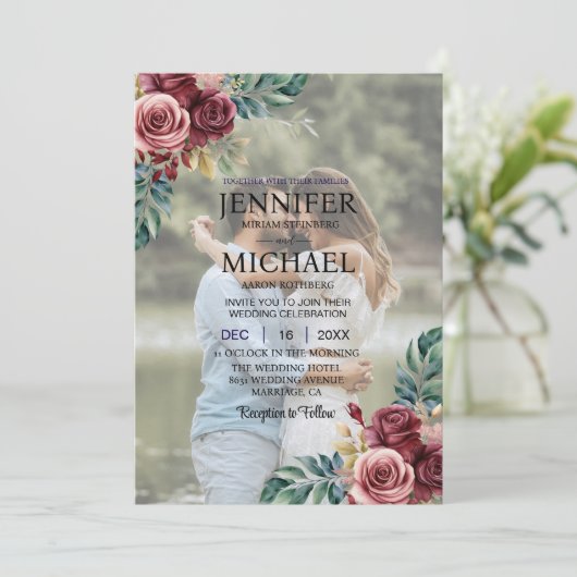 Overlay Portret Afbeelding Foto QR Rozen bruiloft Kaart (Staand voorkant)