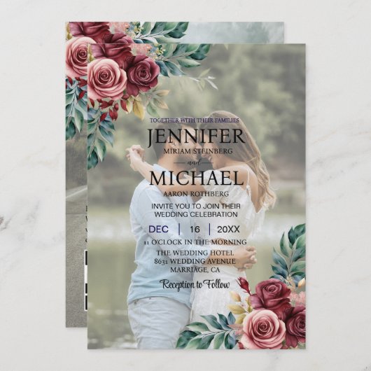 Overlay Portret Afbeelding Foto QR Rozen bruiloft Kaart (Voorkant / Achterkant)