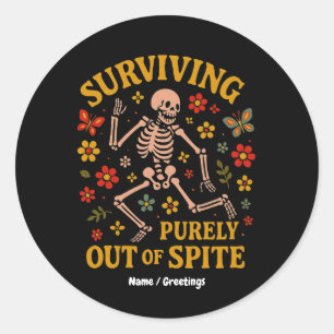 Overleven puur uit ondanks grappig retro skelet ronde sticker