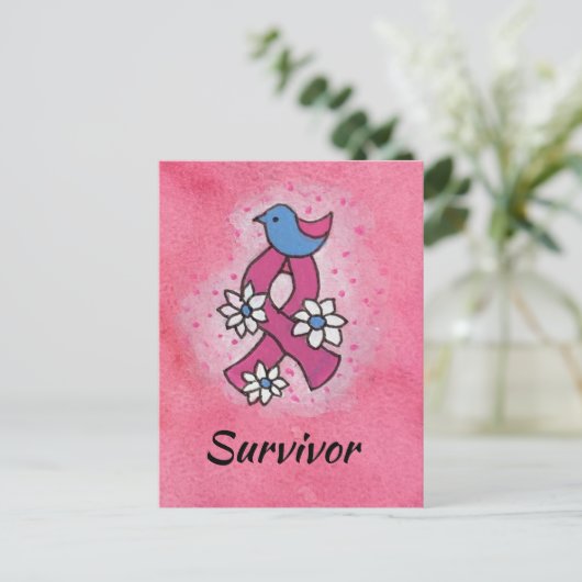Overlevende Borstkanker Roze Lint Vogel Bloemen Briefkaart (Staand voorkant)