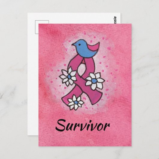 Overlevende Borstkanker Roze Lint Vogel Bloemen Briefkaart (Voorkant / Achterkant)