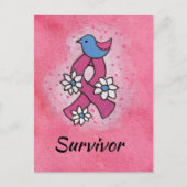 Overlevende Borstkanker Roze Lint Vogel Bloemen Briefkaart (Voorkant)