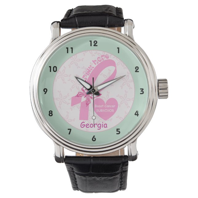 Overlevende roze lint borstkanker, mint border horloge (Voorkant)