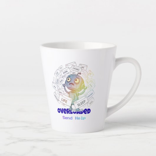 Overloaded Robot Send Help Funny Tech Anxiety Latte Mok (Rechts)