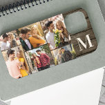 Overmaats Initiaal 6 Foto collage Rustisch hout Case-Mate iPhone Case<br><div class="desc">Monogrammed iPhone case met horizontale fotocollage, die je kunt personaliseren met 6 van je favoriete foto's en je initiaal. De sjabloon is klaar voor u om uw foto's toe te voegen, die in landschaps-, vierkant/instagram- en portretformaten worden weergegeven. Het ontwerp heeft een roestkleurig donkerhout dat er achteraan uitziet met roomtypografie...</div>
