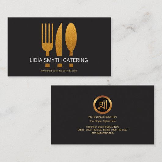 Overmaatse Gold Fork Knife Spoon Catering Service Visitekaartje (Voorkant / Achterkant)