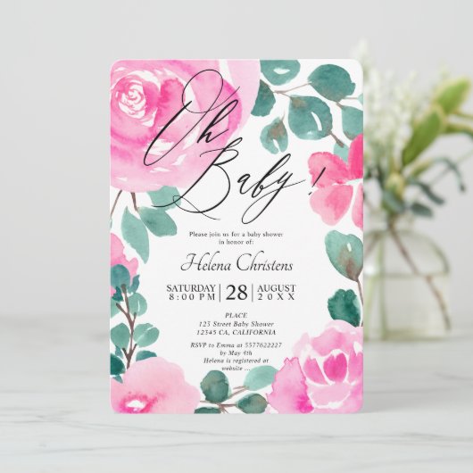 Overmaatse roze groene waterverf baby shower kaart (Staand voorkant)