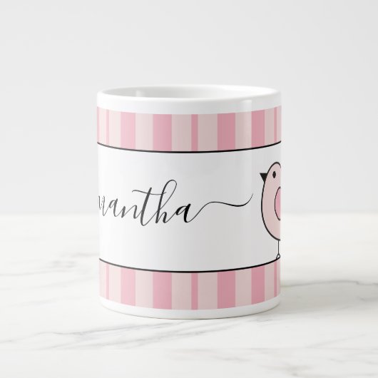 Overmaatse vogelroze streep gepersonaliseerd grote koffiekop (Voorkant)