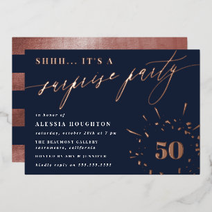 Overnemingspartij in Navy & Roos Gold Script Folie Uitnodiging