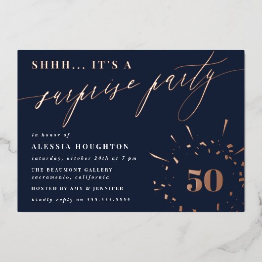 Overnemingspartij in Navy & Roos Gold Script Folie Uitnodiging (Voorkant)