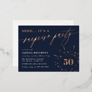 Overnemingspartij in Navy & Roos Gold Script Folie Uitnodiging Briefkaart