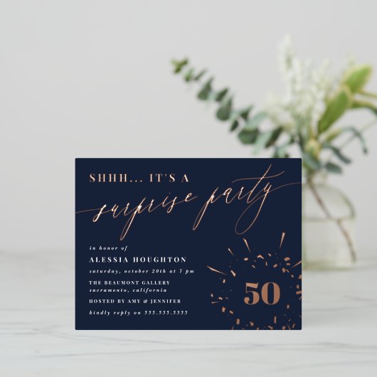 Overnemingspartij in Navy & Roos Gold Script Folie Uitnodiging Briefkaart (Staand Voorkant)