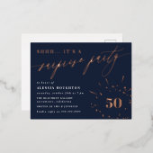 Overnemingspartij in Navy & Roos Gold Script Folie Uitnodiging Briefkaart (Voorkant / Achterkant)