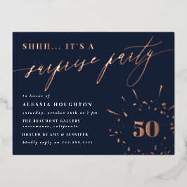 Overnemingspartij in Navy & Roos Gold Script Folie Uitnodiging Briefkaart