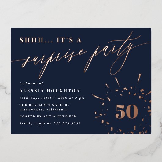 Overnemingspartij in Navy & Roos Gold Script Folie Uitnodiging Briefkaart (Voorkant)