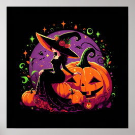 Overpeinzende heks zitten op een pompoen Poster