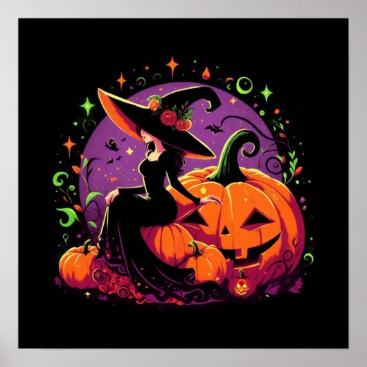 Overpeinzende heks zitten op een pompoen Poster (Voorkant)