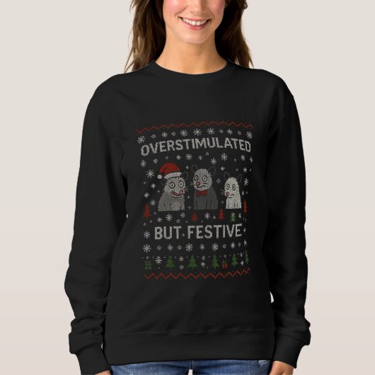 Overprikkeld Maar Feestelijk Grappige Kat Kerstmis Trui (Voorkant)