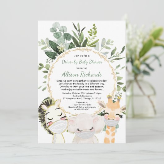 Overrijdend baby shower schattige dieren groen gou kaart (Staand voorkant)