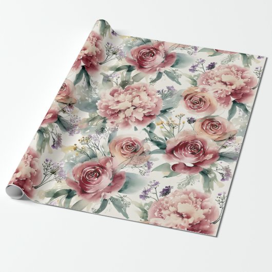 Oversized botanische print roze rozen pioenrozen cadeaupapier (Uitgerold)