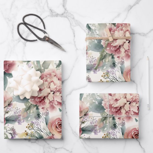 Oversized botanische print roze rozen pioenrozen inpakpapier vel (Voorkant)
