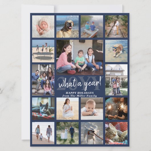Oversized Foto Collage Wat een Jaar Navy en Wit Feestdagenkaart (Voorkant)